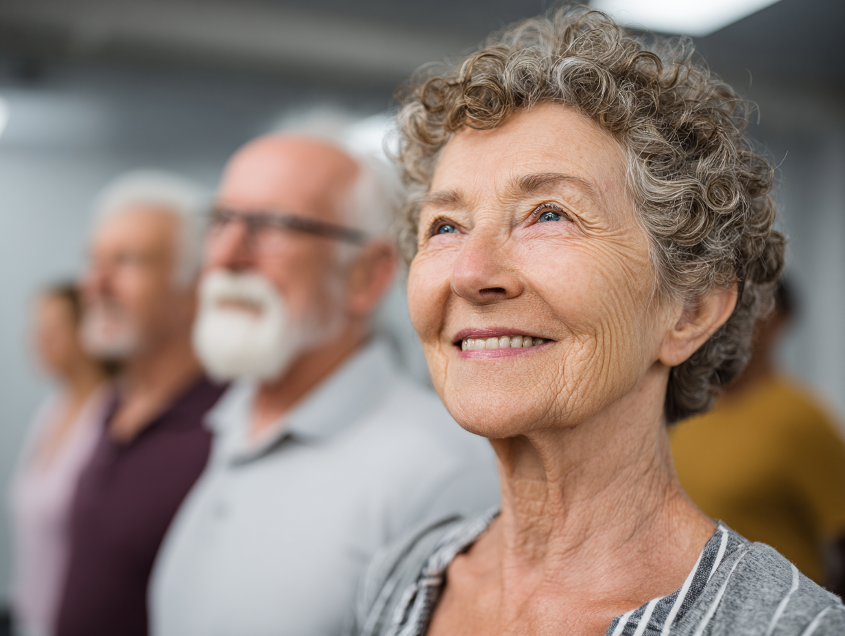 Група людей старшого віку виконує йогу в парку